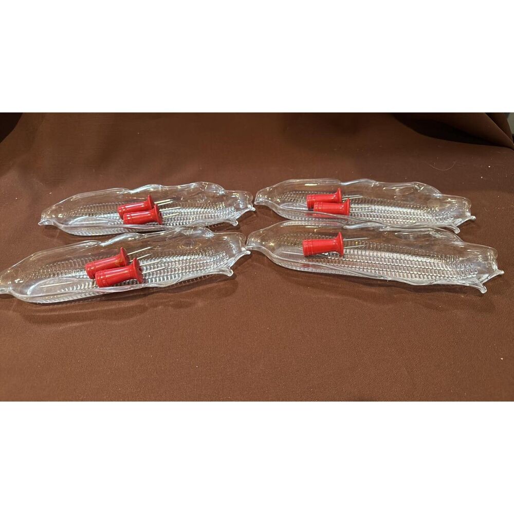 Corn on the cob Dish Holders plates clear plastic set of 4 and 3 corn holders